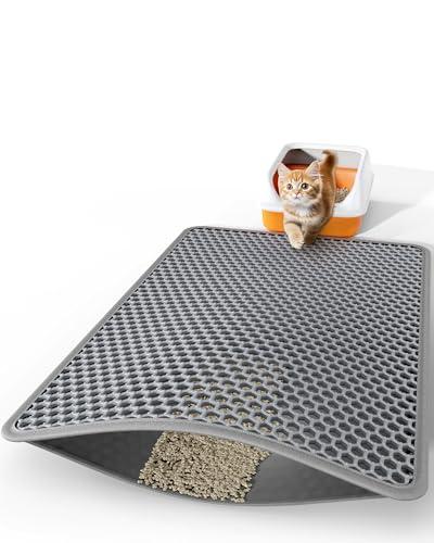 Powools Cat Litter Mat - 46" x 35" Jumbo Litter Box Mat with Double Layers, Urine-Proof and Non-Slip Litter Trapping Mat, Easy to Clean Kitty Litter Mats for Floor, Scatter Control, Grey