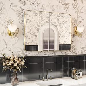 32x24 in Brushed Gold Double Door Medicine Cabinet with Mirror, Brass Gold
Pre-assembled, Recommend Recessed/Wall Surface Mount, Metal Frame, Rust and Moisture Resistant, Two Doors, Two Glass Shelves
