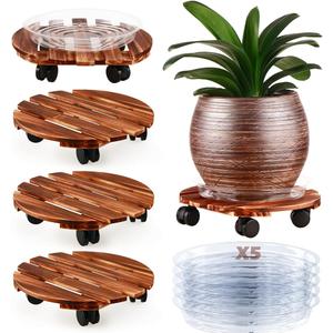 5 Pack Plant Caddy with Wheels Heavy Duty 13.5 Inch Wooden Plant Stand on Wheels Plant Dolly Rolling Plant Stand Plant Roller with Casters for Indoor and Outdoor with 5 Pack Plant Saucers, Round