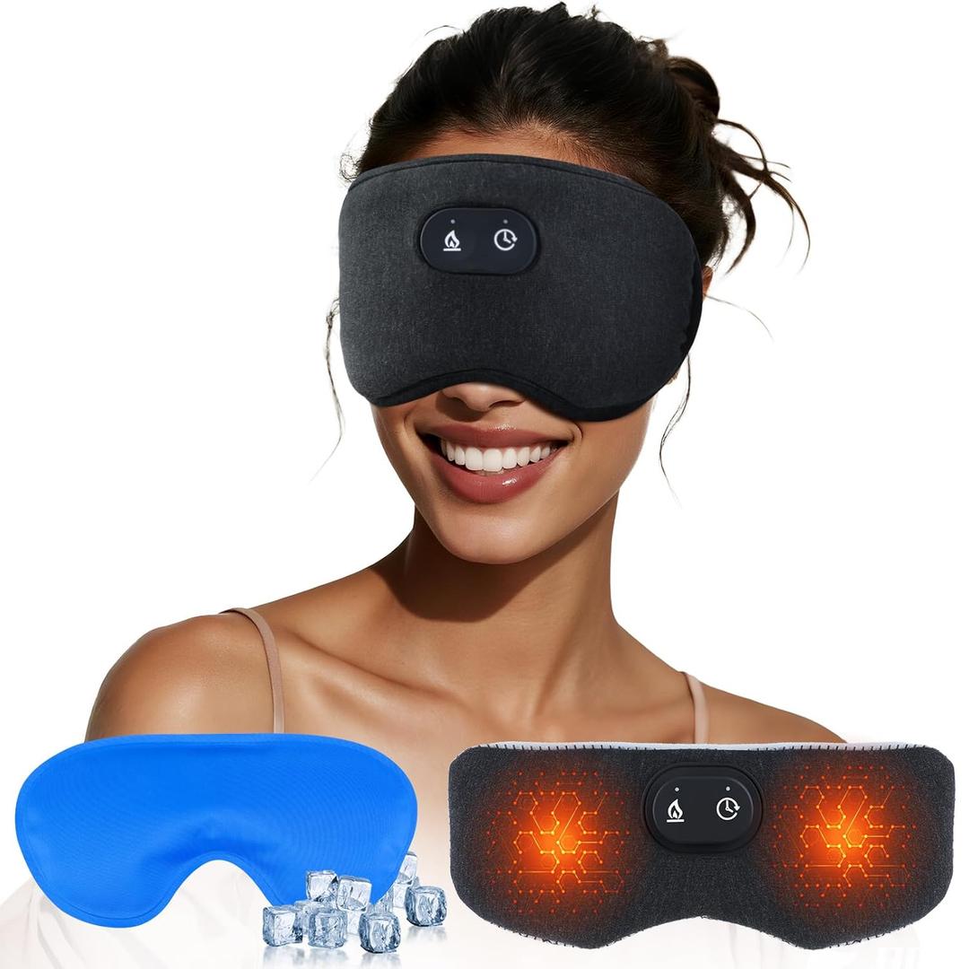 Detachable Heated Eye Mask, Cordless Eye Mask for Dry Eyes & Puffiness, Algae Fiber Ultra-Soft Nose Bridge Light-Block for Deeper Sleep  Graphene Layer Warm Compress & Cold Pack,Travel Essentials (Black)