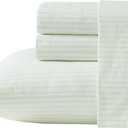 Laura Ashley - King Sheet Set, Crisp & Cool Cotton Percale Bed Sheets, Deep Pockets, Striped Bedding with Matching Fitted Sheet & Pillowcases (Bedford Skinny Stripe Green)