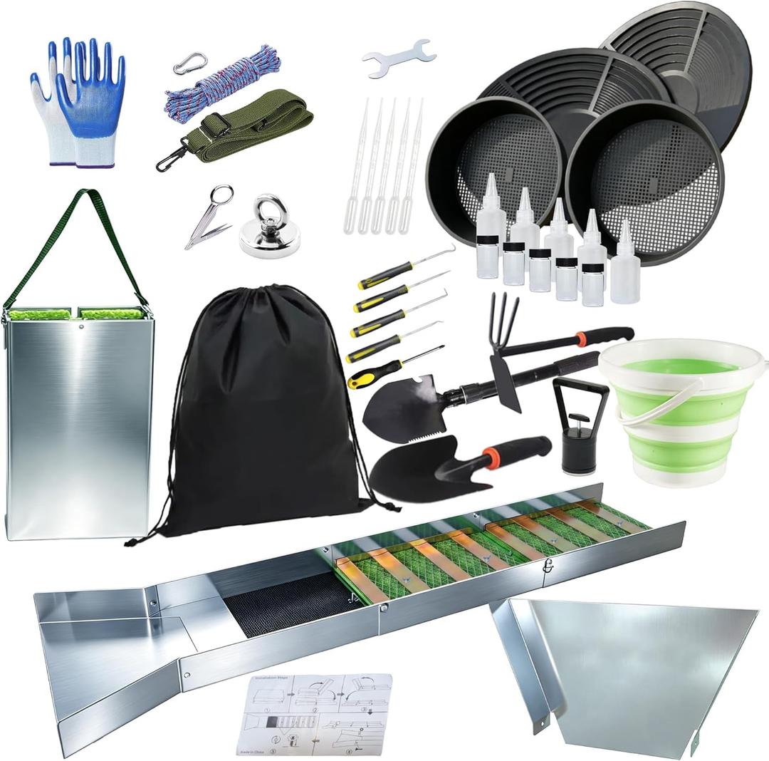 37pcs Complete Gold Panning Kit with 50" Sluice Box for Gold Mining ，Adults Aluminum Alloy Gold Mining Equipment, Includes Gold Pan, Classifier Screen, Separating Magnet and More