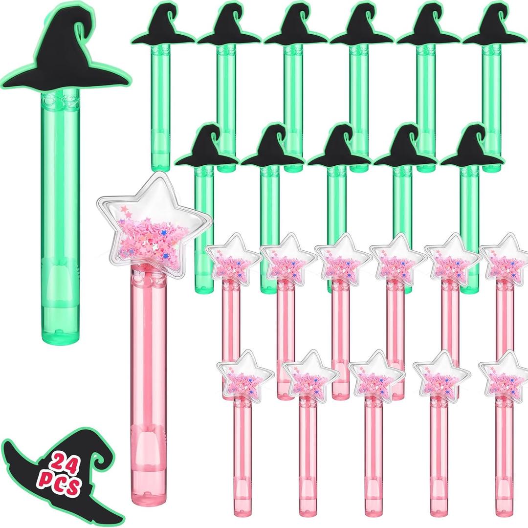 24 Pcs Witch Party Favors Witch Hat and Star Bubble Wands Pink and Green Bubble Wands for Summer Outdoor Goodie Bags Stuffers Carnival Prizes Toy Birthday Treats