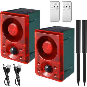 Qualirey 2 Pcs Solar Outdoor Motion Sensor Alarm with Stake Gunshot Sound Dog Barking, 3 Modes Support Recording and Adjustable Volume USB Charging 129 dB Loud Noise Maker for Animal Deterrent