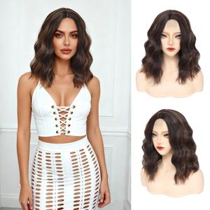 GUOJIAN Brown Mix Copper Bob Wig 14 Inch Short Wavy Shoulder Length Wave Wig for Women Middle Part Natural Looking Heat Resistant Synthetic Wig Soft Curly Hair for Daily Party Cosplay