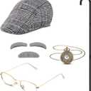 100th Day Old Man Costume 1920s Grandpa Accessories Newsboy Hat Glasses Moustache Eyebrows Pocket Watch(Vivid Style)