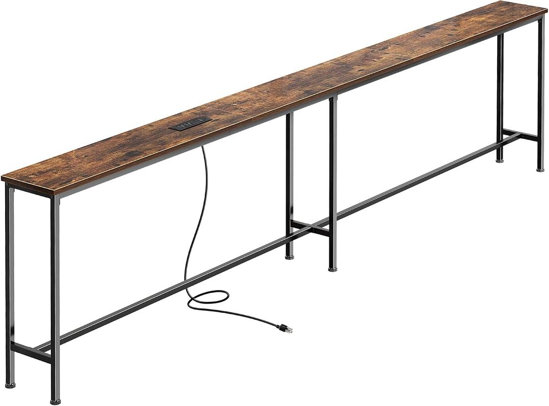 SUPERJARE 102.4 Inch Sofa Table with Power Outlets and USB-C Port, 5.9 Inch Narrow Console Tables, Entryway Hallway Couch Tables with Storage, Behind Sofa, Small Spaces, Living Room, Rusitc Brown, 7.9''dx102.4''wx31.5''h