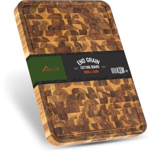HOMESTEAD End Grain Acacia Cutting Board 23x18x1.5 - Large Butcher Block with Juice Groove & Easy-Grip Handles, Knife-Friendly Wood Chopping Board for Meat, Vegetables & Serving
