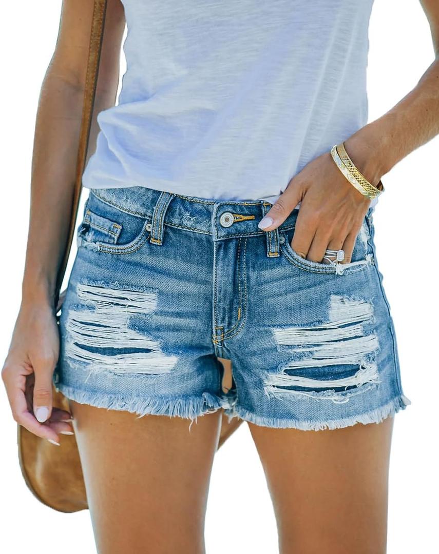 MIFOCAL Women's Mid Rise Ripped Stretchy Jean Shorts Frayed Raw Hem Casual Denim Shorts (018-blue, Sm)