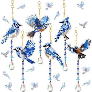 6 Pcs 5d Diamond Art Blue Jay Diamond Painting Winter Blue Ornaments Crystal Wind Chimes Kit Double Sided Jay Ornaments with Crystal Pendant for Winter Tree Home Garden Hanging Ornament