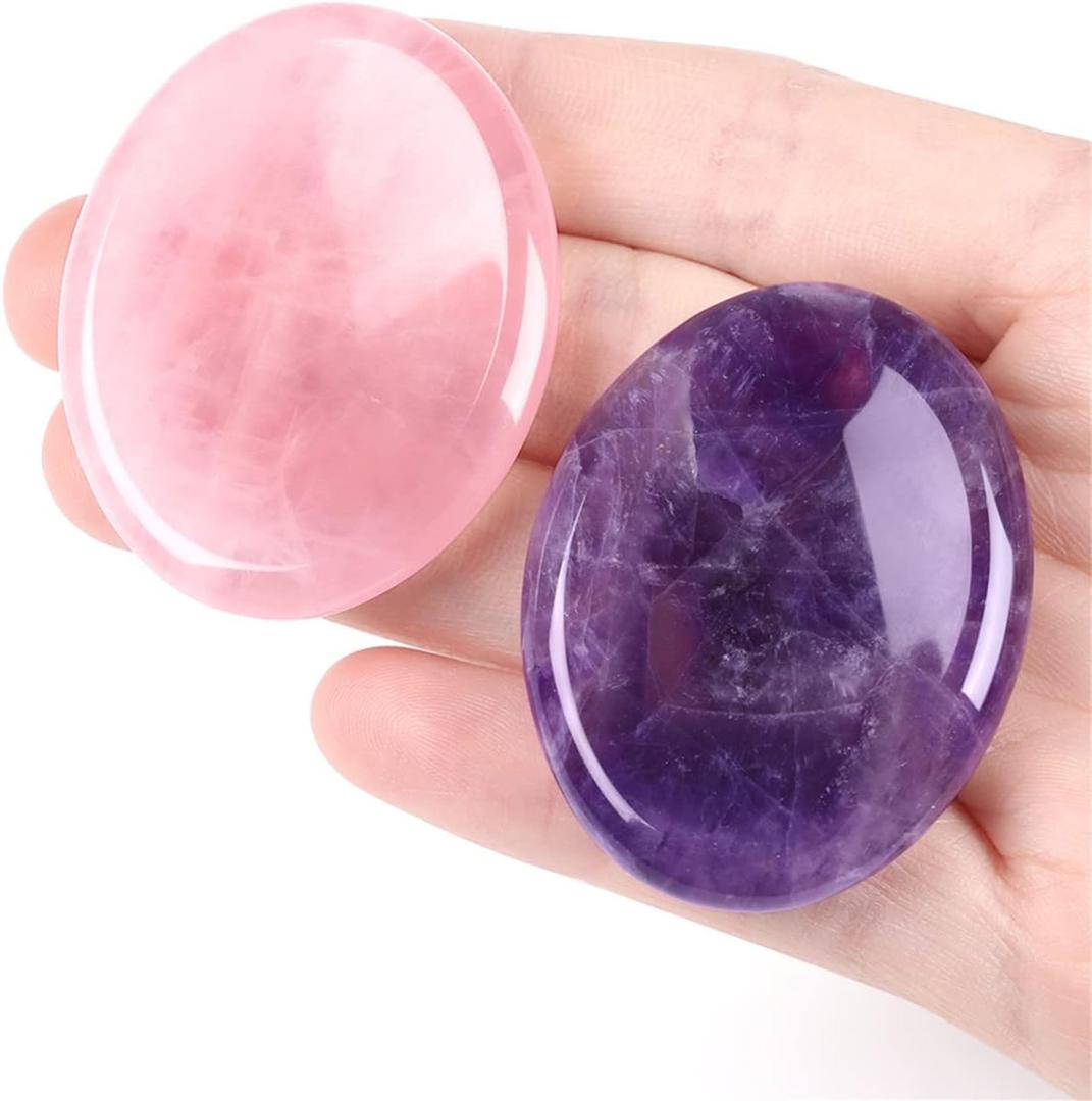 YATOJUZI Thumb Worry Stones for Anxiety Stress Relief Items Healing Crystals Natural Amethyst Rose Quartz Crystal Palm Pocket Stone Gemstones Meditation Reiki Spiritual Gifts for Women Men 2PCS (Oval)