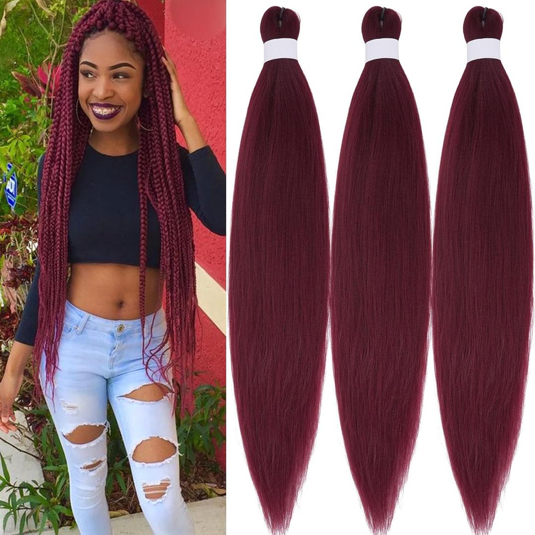 Wine Red Pre Stretched Braiding Hair Non Toxic 26 inch Long Hypoallergenic Braiding Hair Pre Stretched Knotless Box Braids Crochet Low Temperature Synthetic Hair Extensions 3 Packs