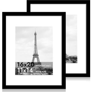 16x20 Picture Frame Set of 2 with Plexiglass, Black Poster Frame Display 11x14 Picture with Mat or 16 x 20 Without Mat, Wood Photo Frame for Horizontal or Vertical Wall Mounting