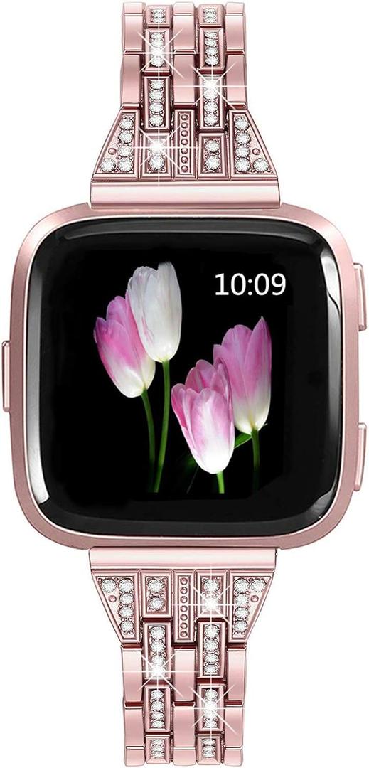 Bands Compatible with Fitbit Versa 2/Versa Lite/Versa, Women Replacement Metal Rhinestone Bling Bracelet Wristband, Rose Gold
