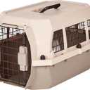 Amazon Basics Hard-Sided Dog and Cat Kennel, Single-Door Travel Pet Carrier with Metal Wire Ventilation, 23.6"L x 15.7"W x 13"H, Beige