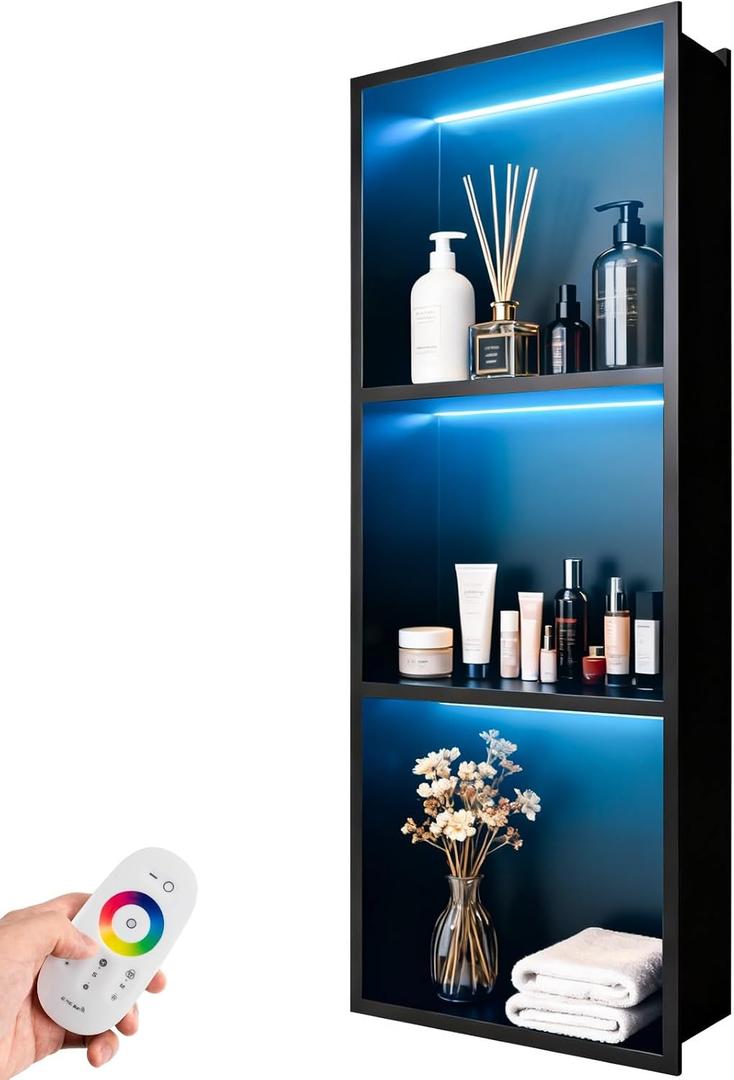 WICHEMI Shower Niche No Tile Needed for Bathroom Storage, Shower Niche RGB LED Lights Waterproof Recessed Wall Niche 12" X 36" Triple Shelves 304 Stainless Steel Bathroom Niche for Shower Wall