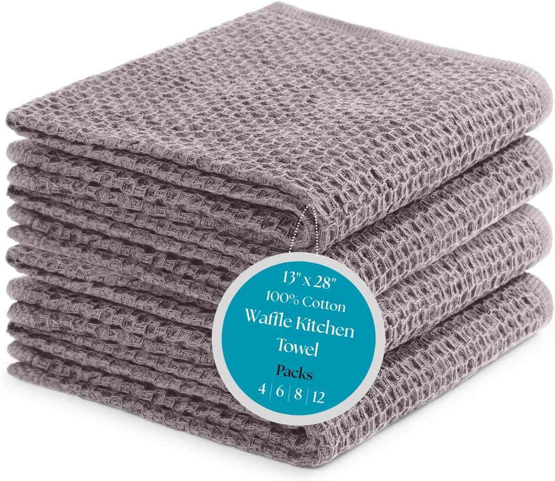 100% Cotton Waffle Weave Kitchen Dish Towels Solid, Ultra Soft, Scratch-Free & Superb Absorbent - Quick Drying Cleaning Towels,Perfect disch Cloth 13 x 28-4 Pack, Grey