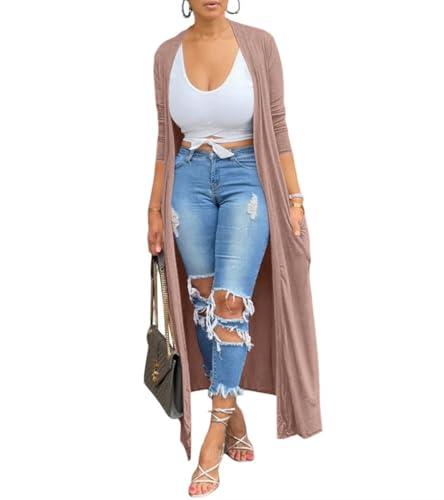 Women's Casual Long Sleeve Lightweight Soft Cover Ups Outerwear Open Front Maxi Drape Cardigans with Pockets Apricot S