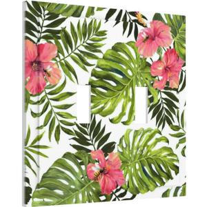 Tropical Plant Green Palm 2 Gang Light Switch Plate Decorative Double Toggle Wall Plate Banana Leaves Pink Flower Rainfores Jungle Botanical Receptacle Switchplate Decorate Home Living Room Bedroom