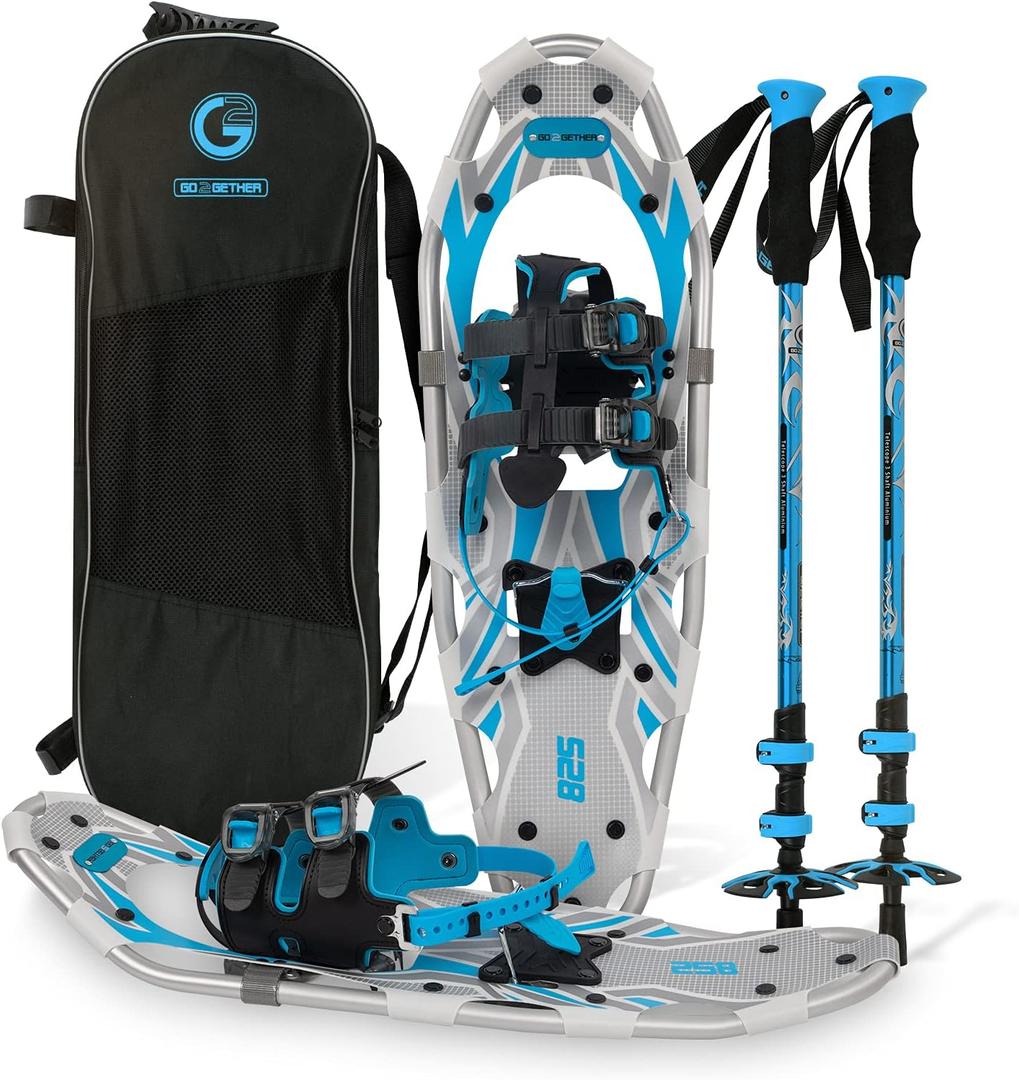 G2 21/25/30/36 Inches Light Weight Snowshoes with Toe Box, EVA Padded Ratchet Binding, Heel Lift, Flexible Pivot Bar, Durable Back Strap, Trekking Poles, Carrying Bag, Snow Baskets (Blue)