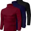 Ficerd 3 Pack Men's Turtleneck Shirts, Long Sleeve Cotton Pullover Sweaters Mock Neck Knitted T-Shirt Basic Slim Fit Tops (L)