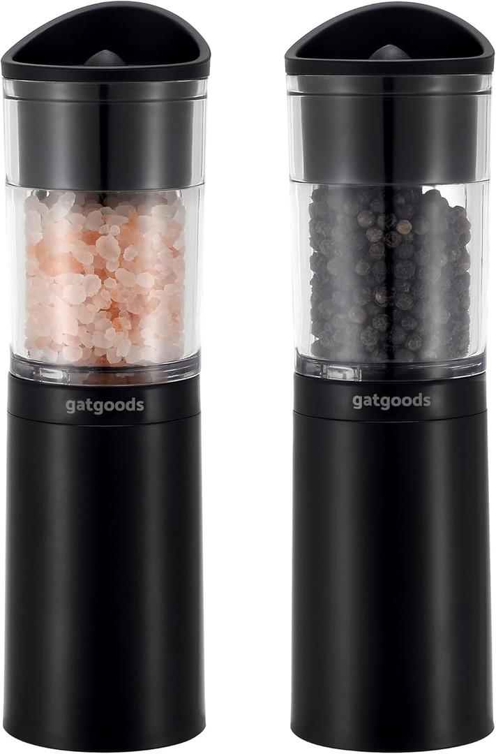 Electric Salt and Pepper Grinder Set, 2 Pack - Detachable & Dishwasher-Safe Container, Stainless Steel Grinding Shaft, LED Light - Battery Powered Automatic Mills, Salt & Pepper Shakers (Black)