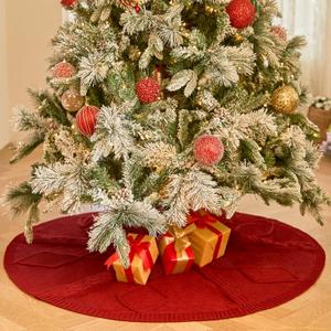 36 inch red Knitted Christmas Tree Skirt: Small Thick Cable Knit Round Tree Skirt for 4ft 5ft Tree Rustic Neutral Farmhouse Neutral Christmas Decor Tree Base Cover Xmas Home Decorations