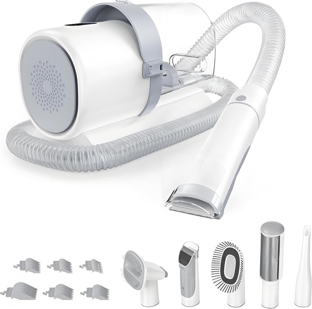 NEWBULIG 5-in-1 Pet Grooming Vacuum Kit, 2.5L Dust Cup, 3 Suction Modes and 5 Groomer Tools, Dog Clippers with Cordless Low Noise for Cats, Dogs Other Animals Hair Trimmer (Modren White)
