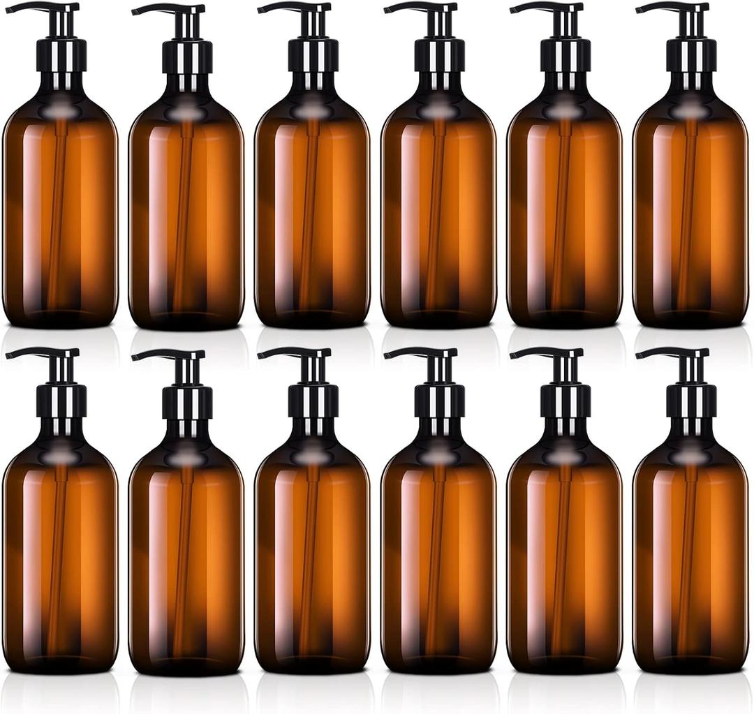 Tessco for you 12 Pack Amber Soap Dispenser Empty Plastic Pump Bottles Dispenser Refillable Shampoo Container for Hand Sanitizer Soap Lotion Body Wash Conditioner Bathroom Kitchen Travel (12 oz)