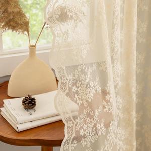 YJ YANJUN Vintage Lace Curtains 63 Inch Length Antique Chic Floral Beige Sheer Curtain Panels with Scalloped Edges for Bedroom Dining Room Rod Pocket French Country Crochet Drapes W52 X L63 2 Panels