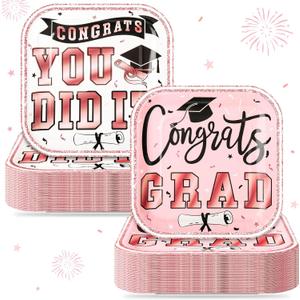 FoldTier 100 Pcs 2026 Graduation Party Dessert Plates Bulk 7 x 7 Inch Congrats Grad Paper Disposable Square Dessert Dinner Plates for Graduation Cocktail Supplies Party Decor (Square,Pink)
