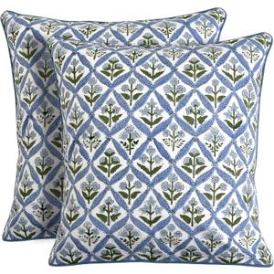 Ridhi Light Steel Blue Block Print Cotton Throw Pillow Covers for Decorative Couch Pillows for Living Room, Chic Boho Cute Outdoor Valentine Pillows Covers Gifts 18x18 Inches