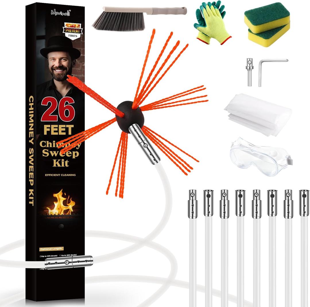26 Feet Chimney Sweep Kit, Chrome Button Locking System, Chimney Cleaning Kit, Chimney Brush, Chimney Cleaning Tool, Chimney Cleaning System with 8 Flexible Chimney Rods