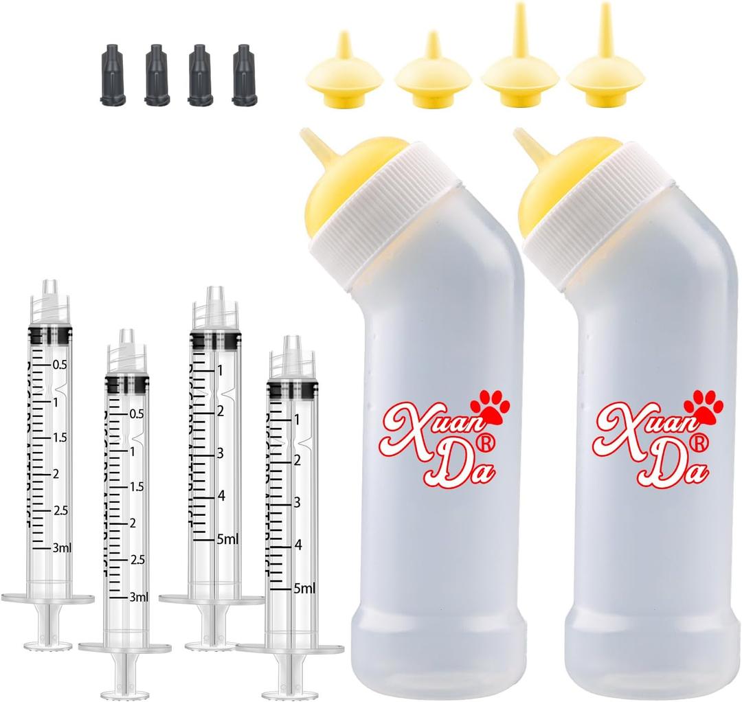 Kitten Nursing Nipple with Syringe, Wide Mouth Angled Puppy Feeding Bottles, with Ventilation Valve Resistant Tearing for Puppies, Kittens, Rabbit, Small Wildlife (S Nipple,Yellow) (Model 1)