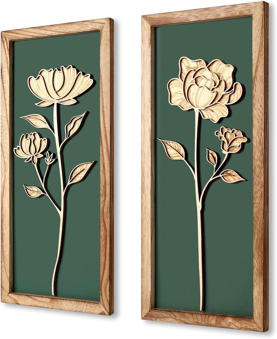 3D Floral Green Wall Art, Wood Boho Framed Wall Arts for Bathroom, Bedroom, Living Room, Dining Room or Office, Lightweight Green Farmhouse Decor Gift - Set of 2 (6.89“ x 16”)