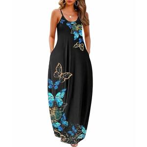 Sleeveless Sundress Flowy Party Maxi Dress Adjustable Spaghetti Straps Dress for Daily Wear Work Coffee Shopping, Fall Outings Maternity Gender Reveal Soft Lightweight Butterfly Black XX-Large