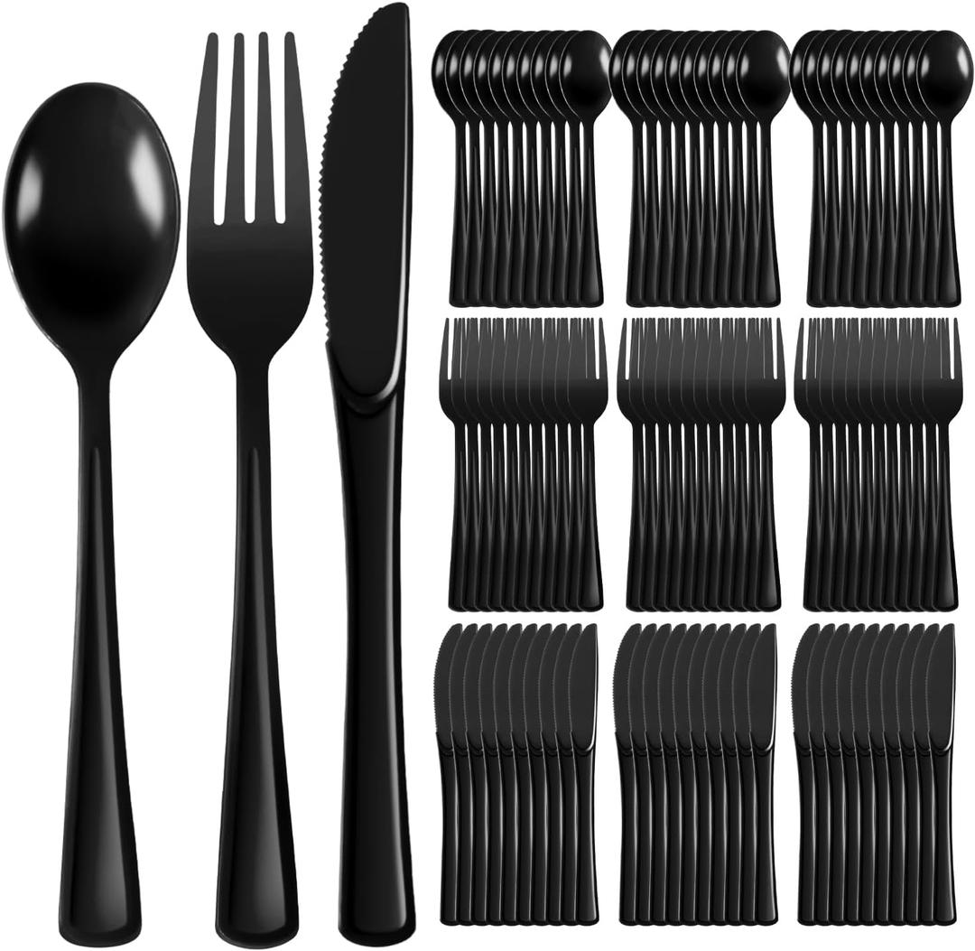 Plastic Silverware 150 PCS Disposable Silverware Heavy Duty Utensil Sets 50 Of Each Forks Knives & Spoons Disposable Cutlery Set For Easter,Birthday,Baby Shower,Garden Party,Wedding(150,Black)