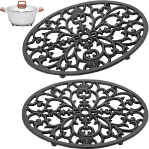 Sumnacon 2Pcs Oval Cast Iron Trivet - Antique Heat Resistant Metal Trivet for Hot Dish Pot Pan Teapot, Vintage Well Made Hot Plate Pad for Kitchen Dining Countertop Table (9.6 x 7.2 Inch, Black)