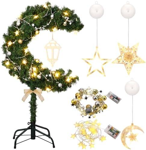 Glooglitter 6ft Ramadan Moon Tree: Lighted Crescent Artificial Tree with Star String LED Eid Outdoor Decoration for Eid Ramadan Garden Home Bedroom Party Decor(Green)