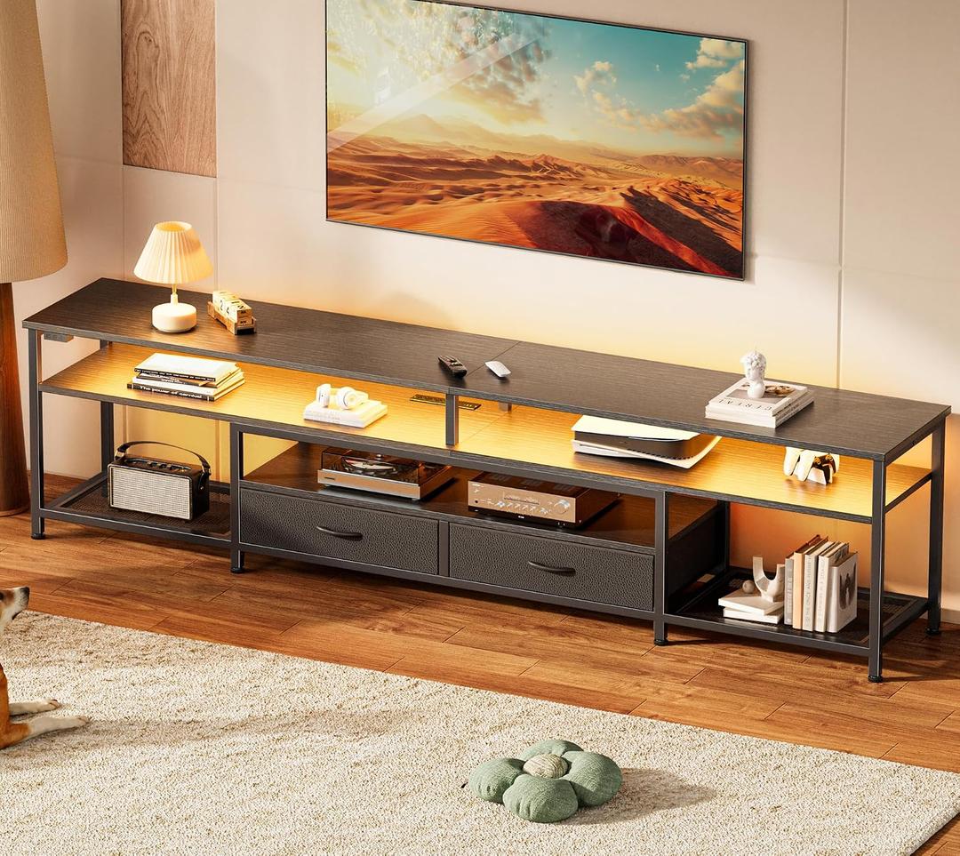 Huuger 79 Inch TV Stand for 85, 90 Inch TV, Entertainment Center with LED Lights and Power Outlets, TV Console with Drawers, Shelves, Type C, PU Leather Surface, for Living Room, Black