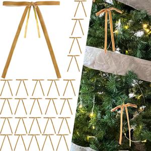 24Pcs Khaki Velvet Christmas Tree Bows Ornaments Vintage Velvet Ribbon Bows for Tree Garland Wreath Indoor Outdoor Christmas Decor Xmas Decorations 3/8" Wide, 5 * 7 inch