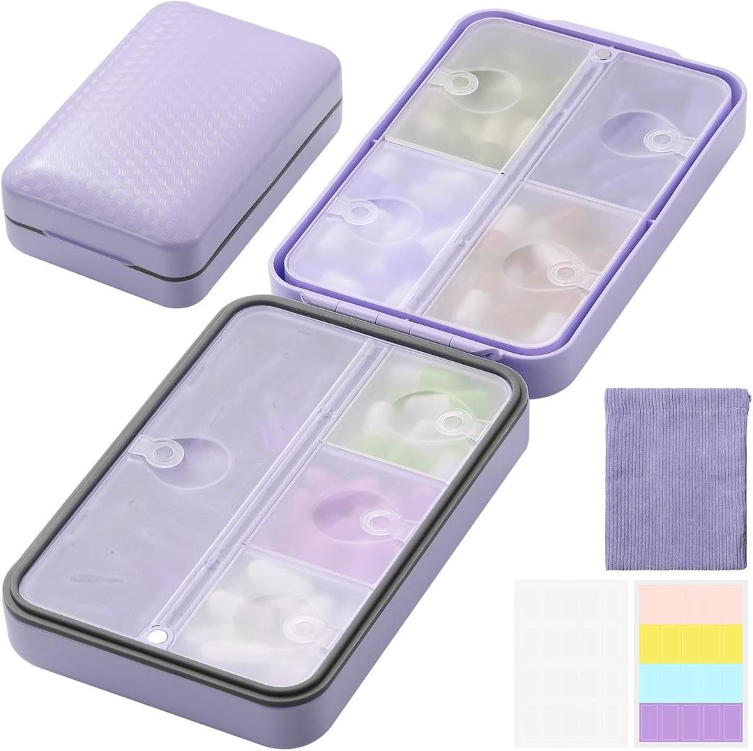 Travel Pill Organizer with Blank Labels, Weekly Pill Box, 8 Large Compartments Medicine Organizer, Moisture-Proof Pill Case for Vitamin, Medicine, Fish Oil/Supplements, (Purple)