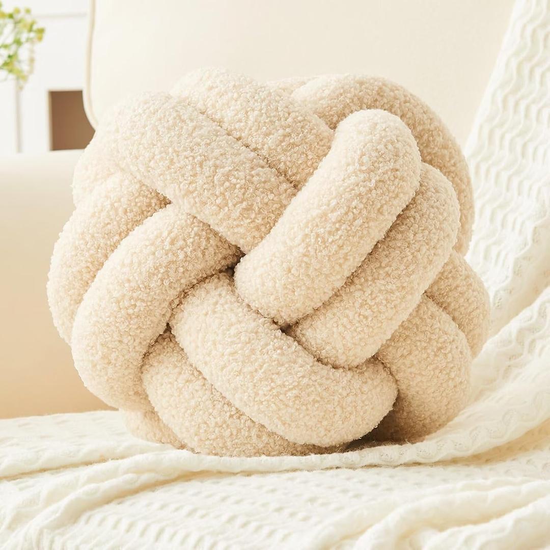 Knot Pillows Ball Decorative Throw Pillows for Couch Bed Sofa Living Room 2 Cord Aesthetic Round Cute Plush Pillows Home Decor,woolbeige 11inch