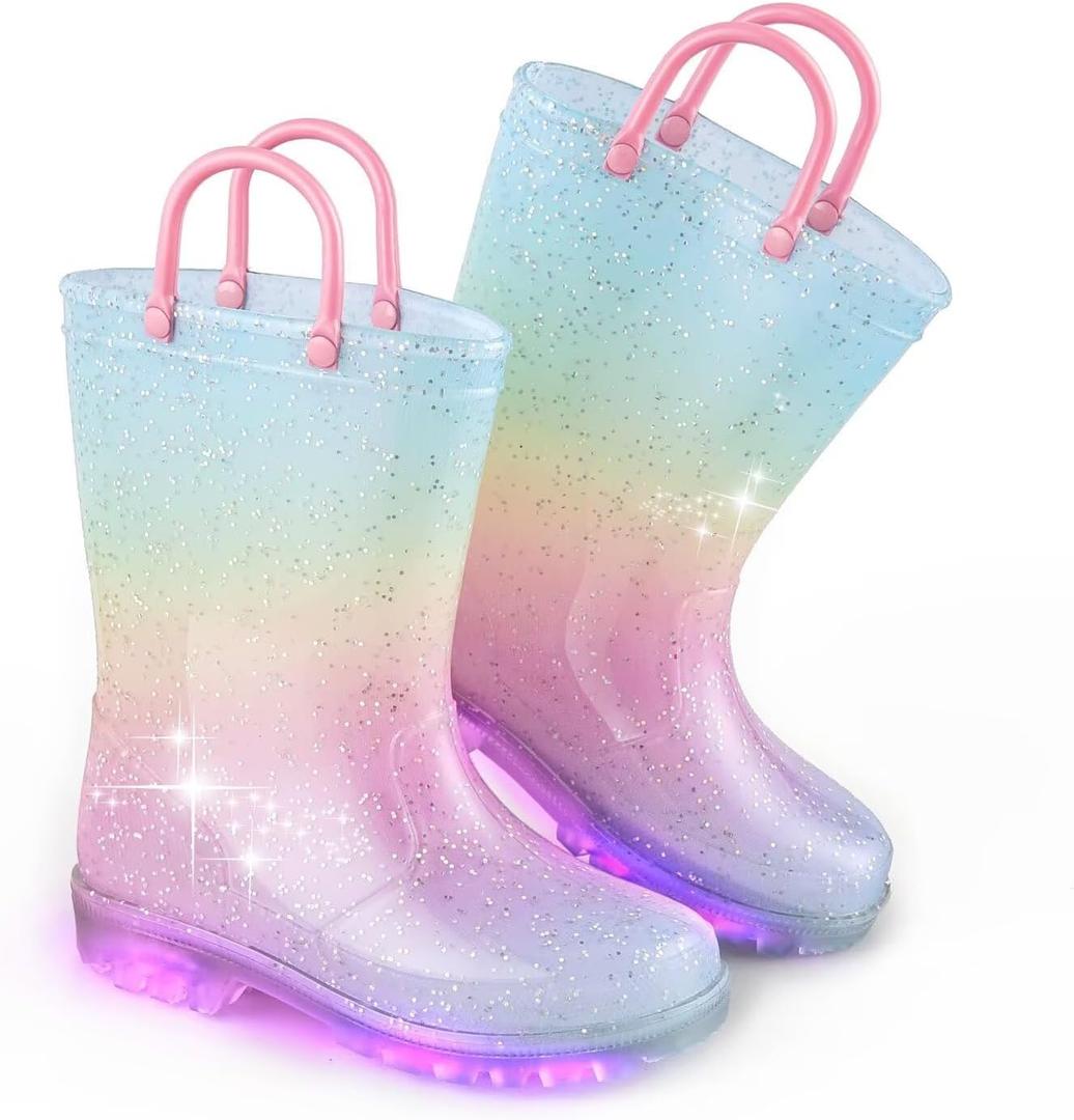 EUXTERPA Girls Glitter Light Up Waterproof Rain Boots Toddler Kids Rainbow Boots with Easy On Handles, Pink Gradient, Toddler Size 10