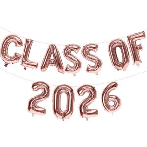 2 x KALOR 16 Inch Rose Gold Class of 2026 Banner Balloons, Rose Gold Graduation Letters Sign, Grad Foil Letter Number Balloons for Graduation Party Decorations