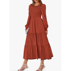 Fashion Long Sleeve Dress High Neck for Women Elegant Maxi A Line Long with Smocked Empire Waist Bohemian Flowy Tiered Design, Large