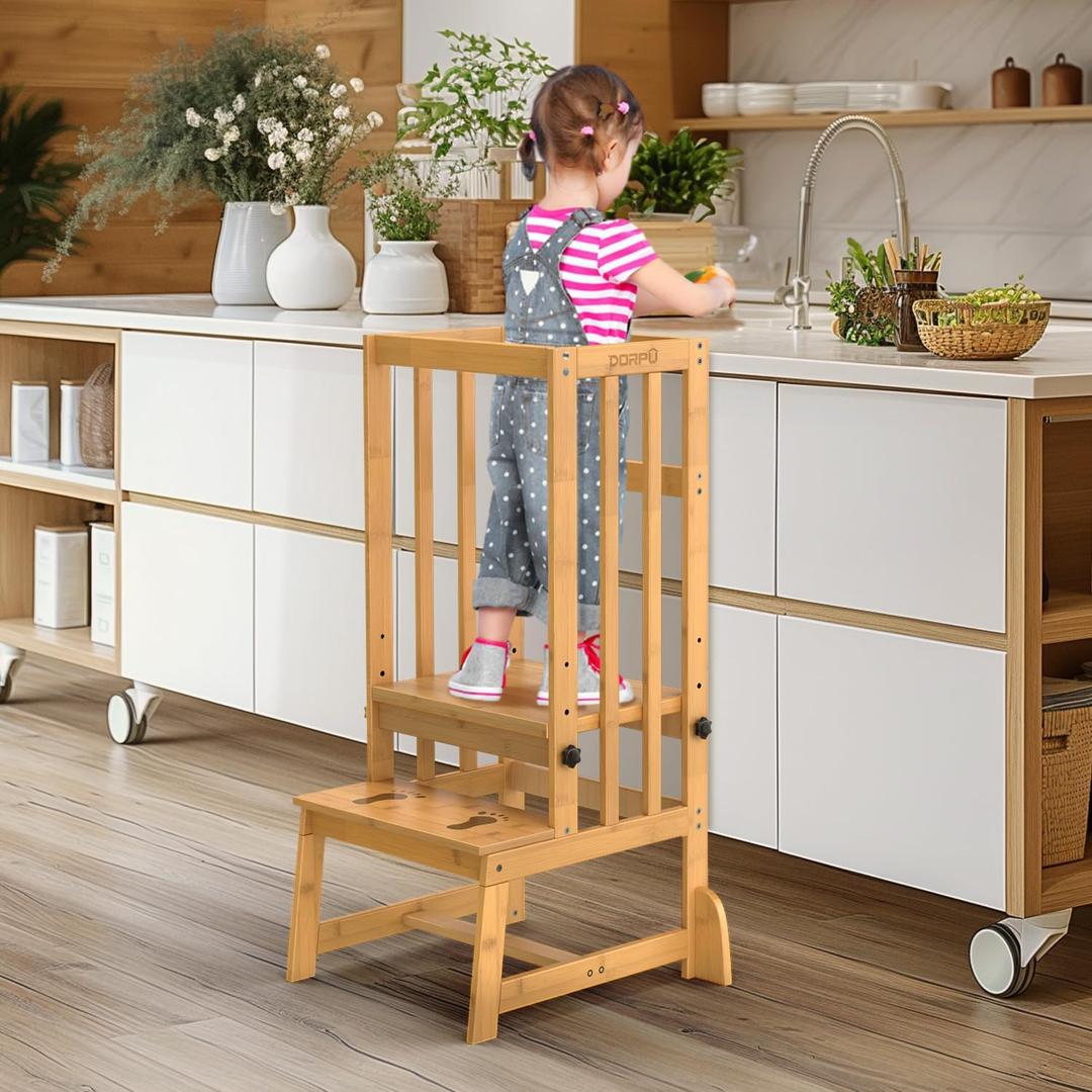 Toddler Step Stool, 3 Adjustable Height Tower Anti-tip Safety Learning Kitchen Step Stool for Kids (Natural)