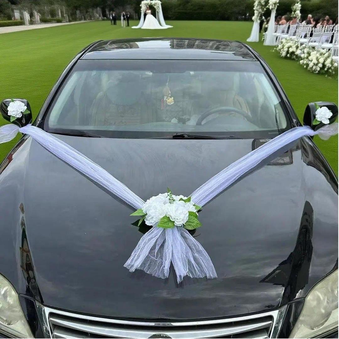 Wedding Car Decorations Set White Artificial Flower with Long Satin Ribbons  Elegant Vehicle Cars Accessories for Just Married, Bridal Shower, Wedding Ceremony