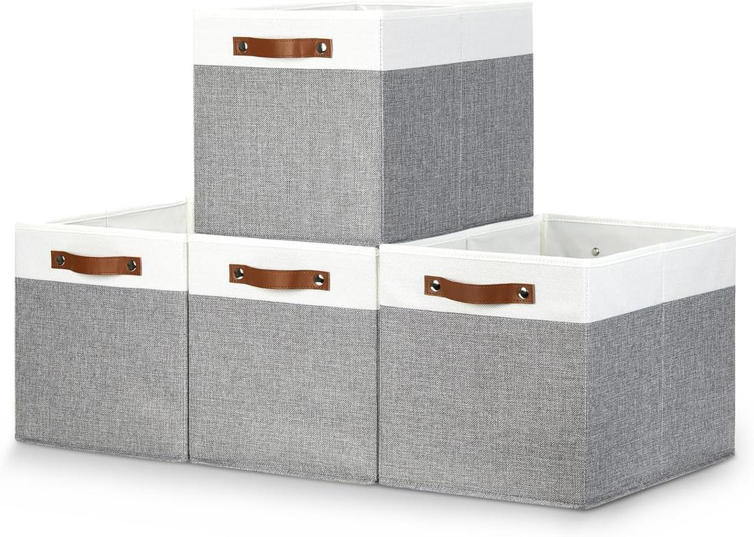 Bidtakay Large Storage Bins 4-Pack Collapsible Fabric Storage Baskets for Organizing 16x12x12 Inches White/Light Grey