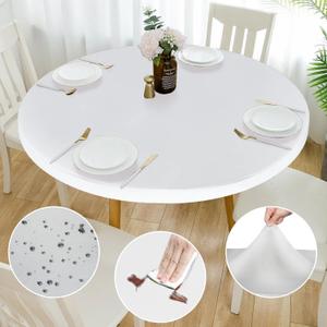 Double Fitted Design PU Round Fitted Tablecloth, Anti-Tear Wipeable Elastic Round Tablecloth, Soft-Touch Fitted Table Cloth, Waterproof Oil-Proof Table Cover (White, 45"-48" Round)
